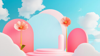 3D surreal landscape with pastel pink flowers, geometric shapes, and soft clouds, vibrant abstract design with smooth circles, clean minimalist style, dreamy playful atmosphere