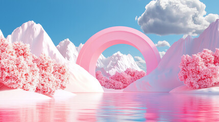 3D surreal landscape with vibrant pink mountains, soft pink arch, and reflective water, dreamy serene scene with soft clouds, minimalist futuristic design, peaceful abstract landscape