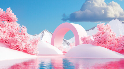 3D surreal landscape with vibrant pink mountains, soft pink arch, and reflective water, dreamy serene scene with soft clouds, minimalist futuristic design, peaceful abstract landscape
