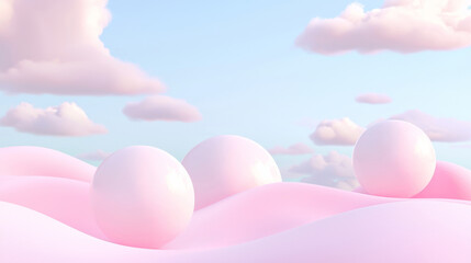 3D surreal landscape with smooth pink waves and floating white spheres, dreamy soft clouds, minimalist serene atmosphere, abstract peaceful scene with smooth textures and vibrant soft colors