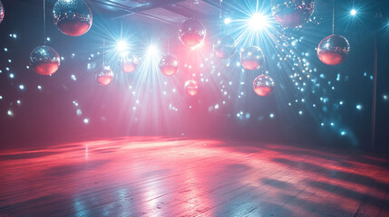 Party background with glowing disco ball sparkle bokeh photo dance floor