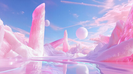 3D surreal icy landscape with pink crystalline formations and glowing moon, serene reflective water, dreamy futuristic world, ethereal fantasy space with vibrant colors and soft atmosphere