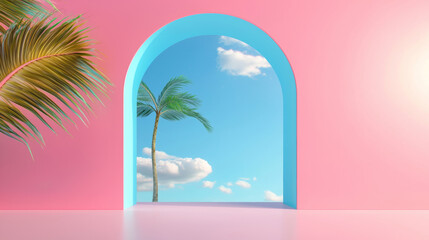 3D modern tropical arch with pink walls and palm trees, serene open space, vibrant sky and clouds, surreal beach paradise with clean minimalistic design, bright fresh summer atmosphere