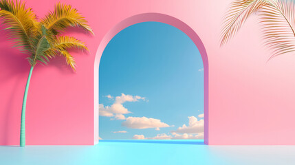 3D modern tropical arch with pink walls and palm trees, serene open space, vibrant sky and clouds, surreal beach paradise with clean minimalistic design, bright fresh summer atmosphere