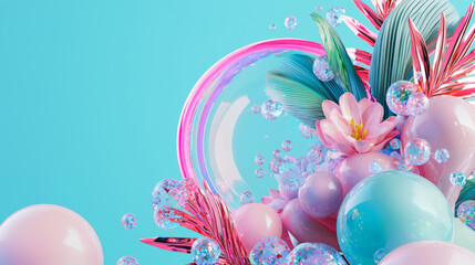 Playful Digital Art with Colorful Bubbles, Flowers, and Floating Balloons - Vibrant, Surreal, Dreamy Aesthetic with Bright Abstract Elements