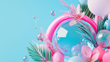 Playful Digital Art with Colorful Bubbles, Flowers, and Floating Balloons - Vibrant, Surreal, Dreamy Aesthetic with Bright Abstract Elements