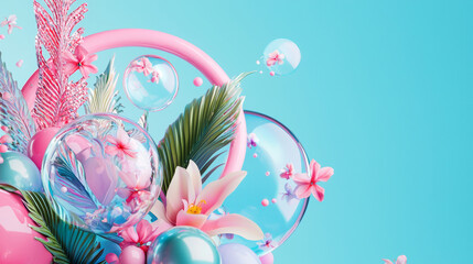 Playful Digital Art with Colorful Bubbles, Flowers, and Floating Balloons - Vibrant, Surreal, Dreamy Aesthetic with Bright Abstract Elements
