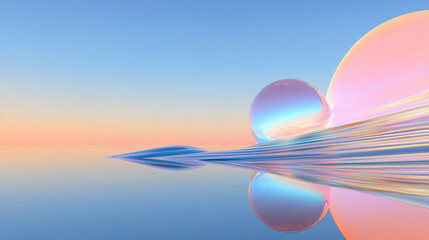 Surreal Digital Art with Glowing Transparent Sphere on Smooth Water Surface - Calm, Dreamy, Vibrant Aesthetic with Pastel Gradient Sky