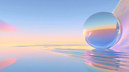 Surreal Digital Art with Glowing Transparent Sphere on Smooth Water Surface - Calm, Dreamy, Vibrant Aesthetic with Pastel Gradient Sky