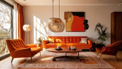 Stylish midcentury modern living room featuring iconic orange furniture, warm tones, and cozy atmosphere, perfect for relaxation