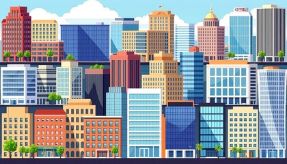 Fototapeta premium Collection of diverse flat-style office buildings, various architectural styles, city illustration, flat, tower