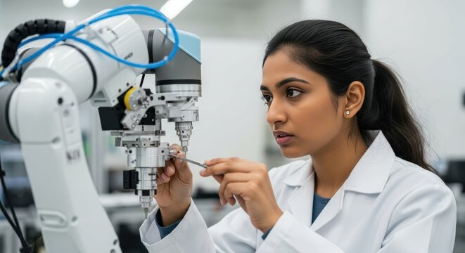 Woman engineer robotics automation industry science technology innovation arm