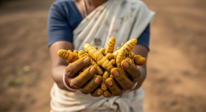 Turmeric harvest farmer hands holding fresh turmeric root spice agriculture