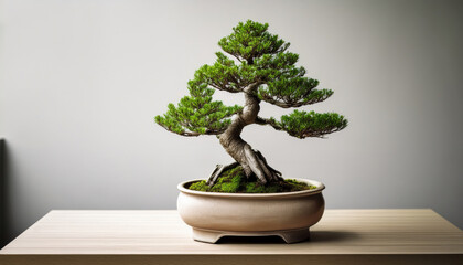 Serene evergreen bonsai tree in ceramic pot, showcasing vitality and tranquility, perfect for indoor life and zen decor