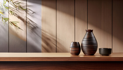 Elegant ceramic vases in minimalist design, showcasing wood textures and soft shadows, create serene atmosphere in modern setting