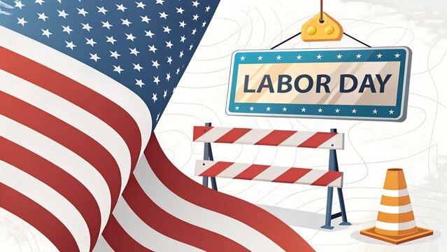 Labor Day in the USA: A patriotic emblem, waving in honor, with a sign welcoming Labor Day with a road block and cone, symbolizing rest.