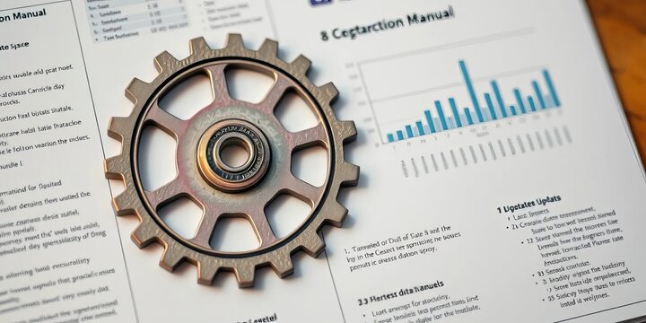 Cogwheel mechanism in instruction manual; business data analysis, updating process,  metaphor,  strategy