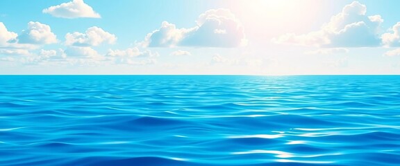 Obraz premium Flat vector illustration of a calm blue ocean scene under a sunny sky with fluffy white clouds, graphic, nature