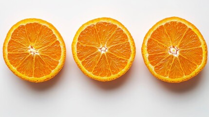 Fototapeta premium Three orange halves face forward showcasing their segmented interiors against a white surface