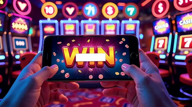 Hands holding smartphone showing casino slot machine win with bright symbols and neon lights in background
