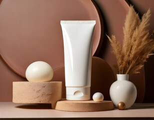 Minimalist skincare product display featuring white tube, decorative spheres, and dried plants soft pastel tones. composition exudes elegance