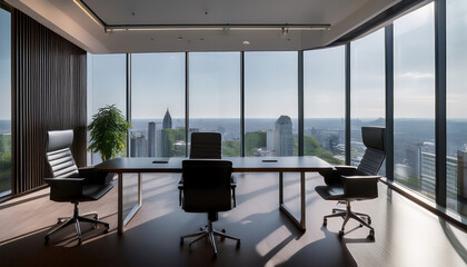 Modern executive office with floor to ceiling windows, sleek furniture, and stunning city view, exuding corporate luxury and professionalism