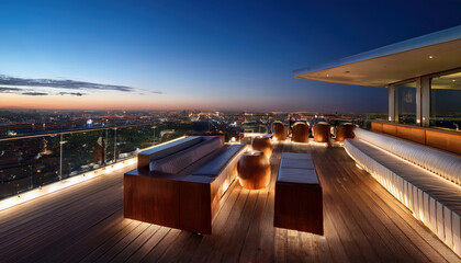 Modern rooftop bar featuring sleek wooden seating, ambient lighting, and stunning city view at dusk, creating vibrant atmosphere