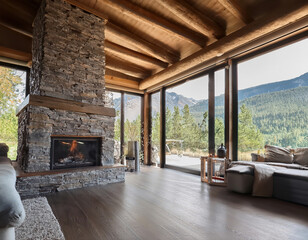 Modern rustic cabin interior with stone fireplace, wooden beams, and large windows showcasing warm mountain retreat