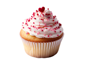  cupcake with cherry cream and broken red cherries on top, against a white background. This is a product photography image 