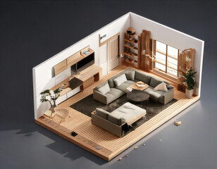 Modern living room design featuring modular furniture in exploded view, showcasing compact living concept with stylish decor and natural light