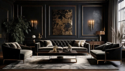 Luxurious living room featuring dark tones, plush textures, and sophisticated decor, creating elegant and moody atmosphere