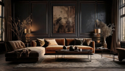 Luxurious living room featuring dark tones, plush textures, and sophisticated decor, creating moody and elegant atmosphere