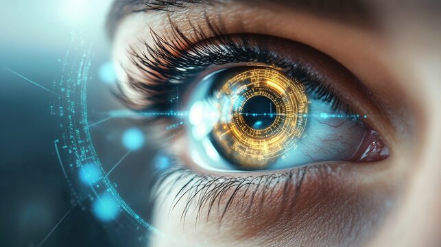 Close-up of a human eye enhanced with digital and futuristic technology elements, symbolizing biometric scanning and advanced cybernetic interfaces.