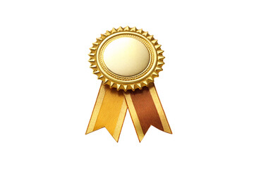 Gold medal with ribbons attached, ceremonial award with decorative scalloped edges, isolated on a transparent background