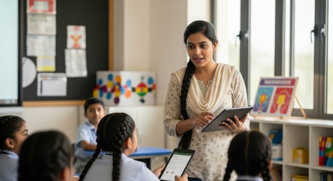 Teacher teaching students using tablet in classroom education learning school