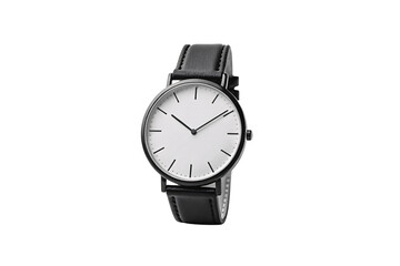 Sleek black and white analog watch with leather band shown, isolated on a transparent background