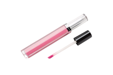 Pink lip gloss tube with applicator wand and silver cap, isolated on a transparent background