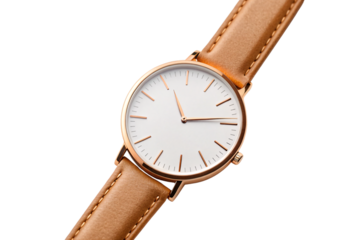 Rose gold watch with brown leather band showing detailed face, isolated on a transparent background