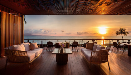 Luxurious tropical bar with designer furniture, offering stunning sunset ocean view, creating elite leisure vibe