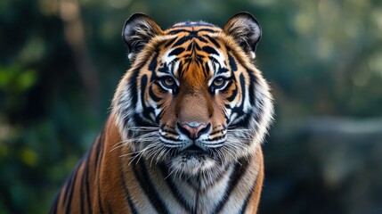 Obraz premium Tiger portrait intense gaze distinctive black stripes focused on the viewer