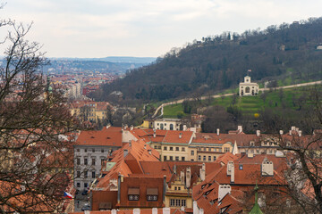 Old historic district Mala Strana in Prague, aerial view