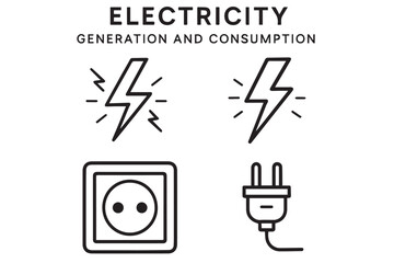 electricity such as lightning, energy sources, electric plugs, and sockets, showcasing power generation and consumption, icon set