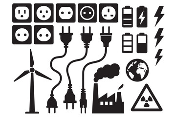 various energy sources and electrical components including batteries, plugs, wind turbines, solar panels, and power plants, icon set