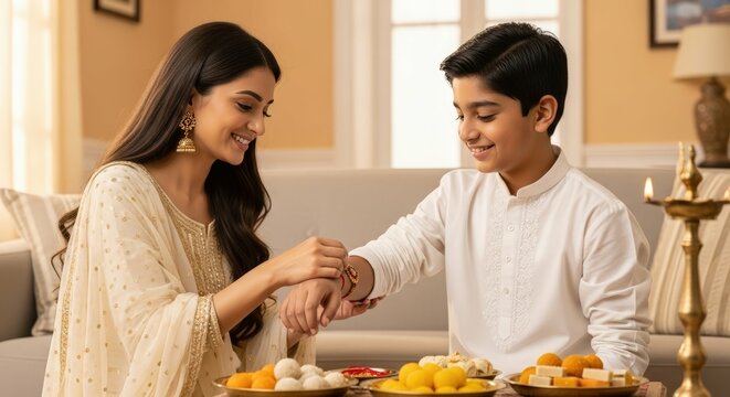 Celebrating raksha bandhan festival sister tying rakhi on brothers wrist love
