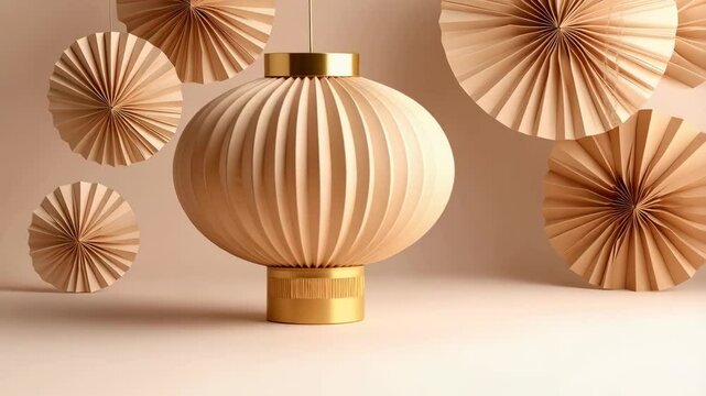 Elegant paper lantern and rosettes on a beige backdrop for festive decorations, neutral color palette, minimalist design, and artistic paper craft.