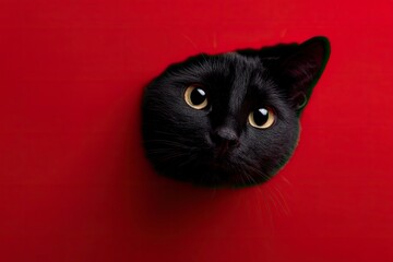 A black cats head emerges from a solid red background capturing its bright yellow eyes and curious expression