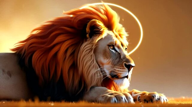 portrait of a lion against a ring-shaped light background