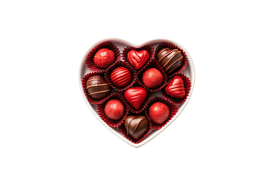Heart-shaped Valentine's box with red and chocolate treats including heart-shaped candies and strawberries, isolated on a transparent background