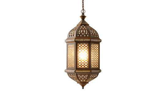 Ornate Moroccan-style brass lantern with intricate geometric patterns and warm glowing light suspended, isolated on a transparent background