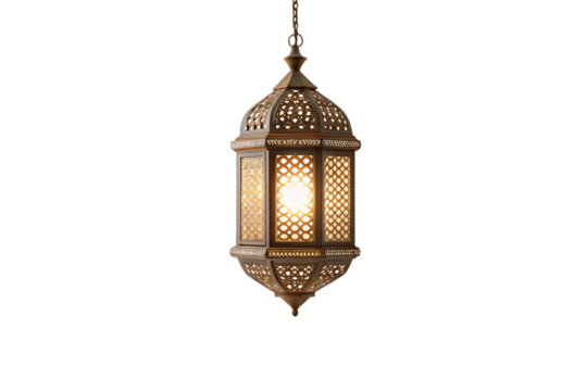 Ornate Moroccan-style brass lantern with intricate geometric patterns and warm glowing light suspended, isolated on a transparent background
